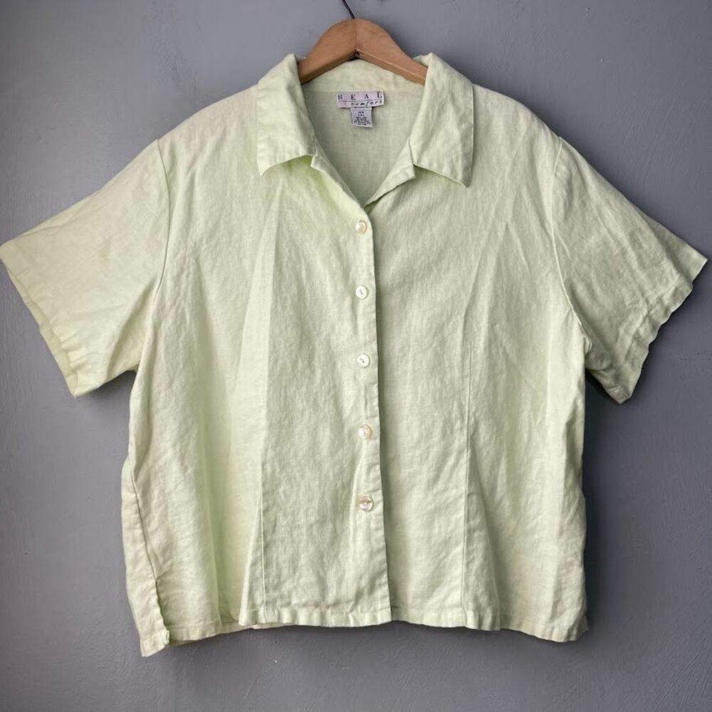 Real Comfort Button Up Shirt Plus Size 18W Pastel Green 100% Linen Summer Chic
